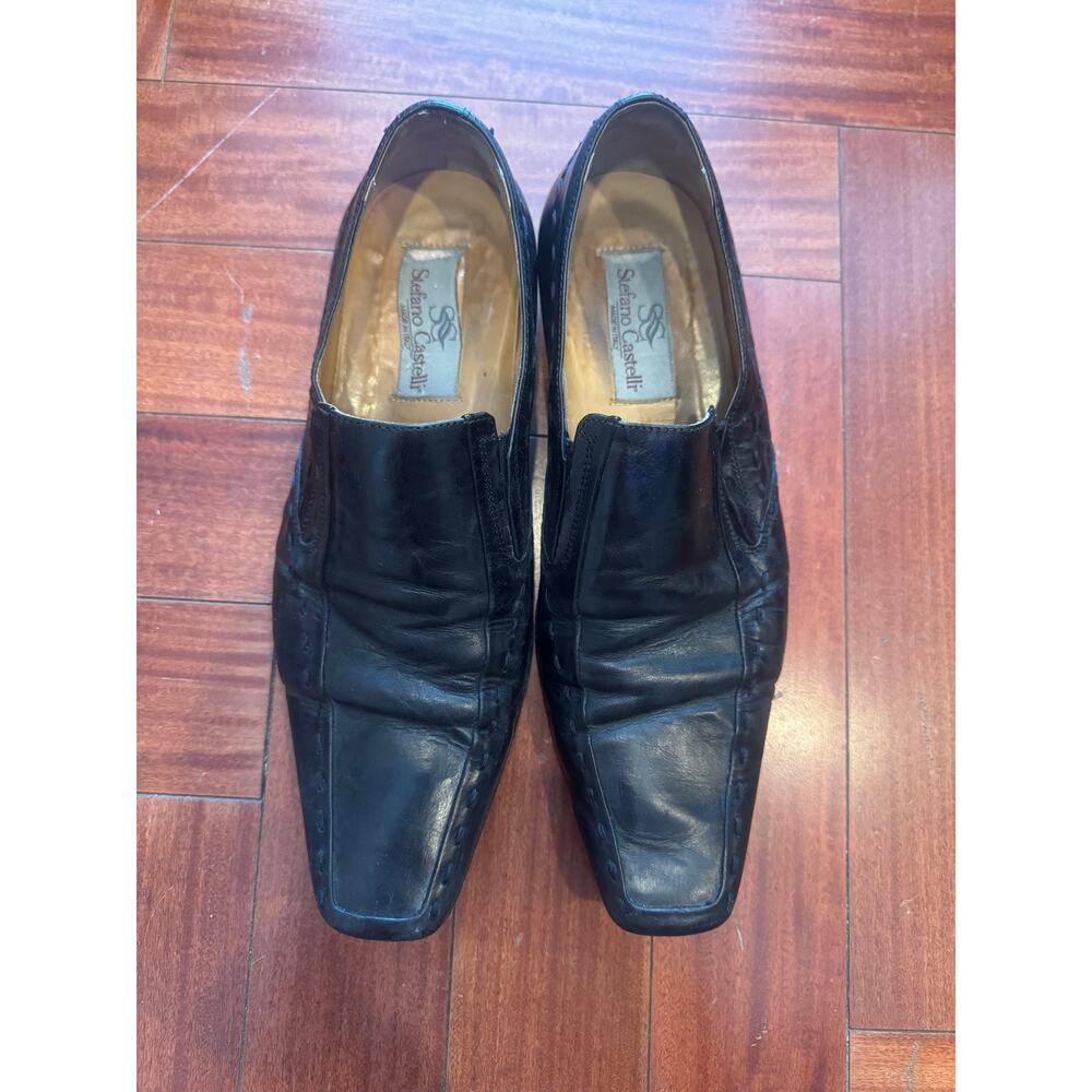 Stefano Castelli Italian Leather Dress Shoes Mens EU 40 Black Loafers Square Toe
